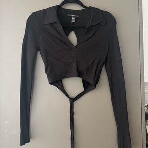 Black Ribbed Collared Open Back Wrap-Around Long Sleeve Top Size M